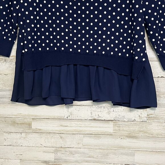 Chaps Sweater Women's 2X Blue White Polka Dot 3/4 Sleeve Ribbed Trim Crew Neck - Picture 2 of 7